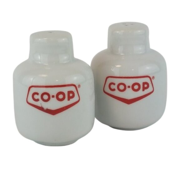 Vintage Canada Co-Op Salt and Pepper Shakers Propane Tank White Red Ceramic - Picture 4 of 7